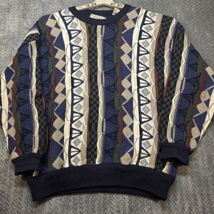 Vintage 90s Cotton Traders Coogi Style Sweater Men's XL‎ Navy Blue 3D Knit